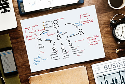 feuille blanche avec un schéma représentant une analyse, entouré d'un réveil, d'un agenda, d'un ordinateur portable.