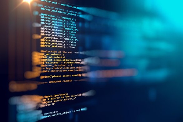 photo artistique représentant un code informatique avec des couleurs bleu et orange